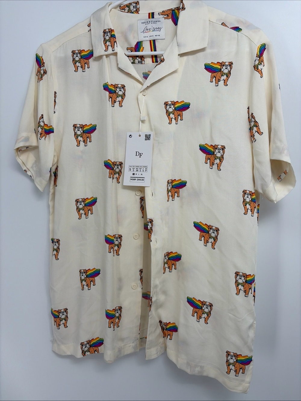 Denim & Flower Ricky Singh Short Sleeve Love Wins Bulldog Rainbow Flag Sz Small